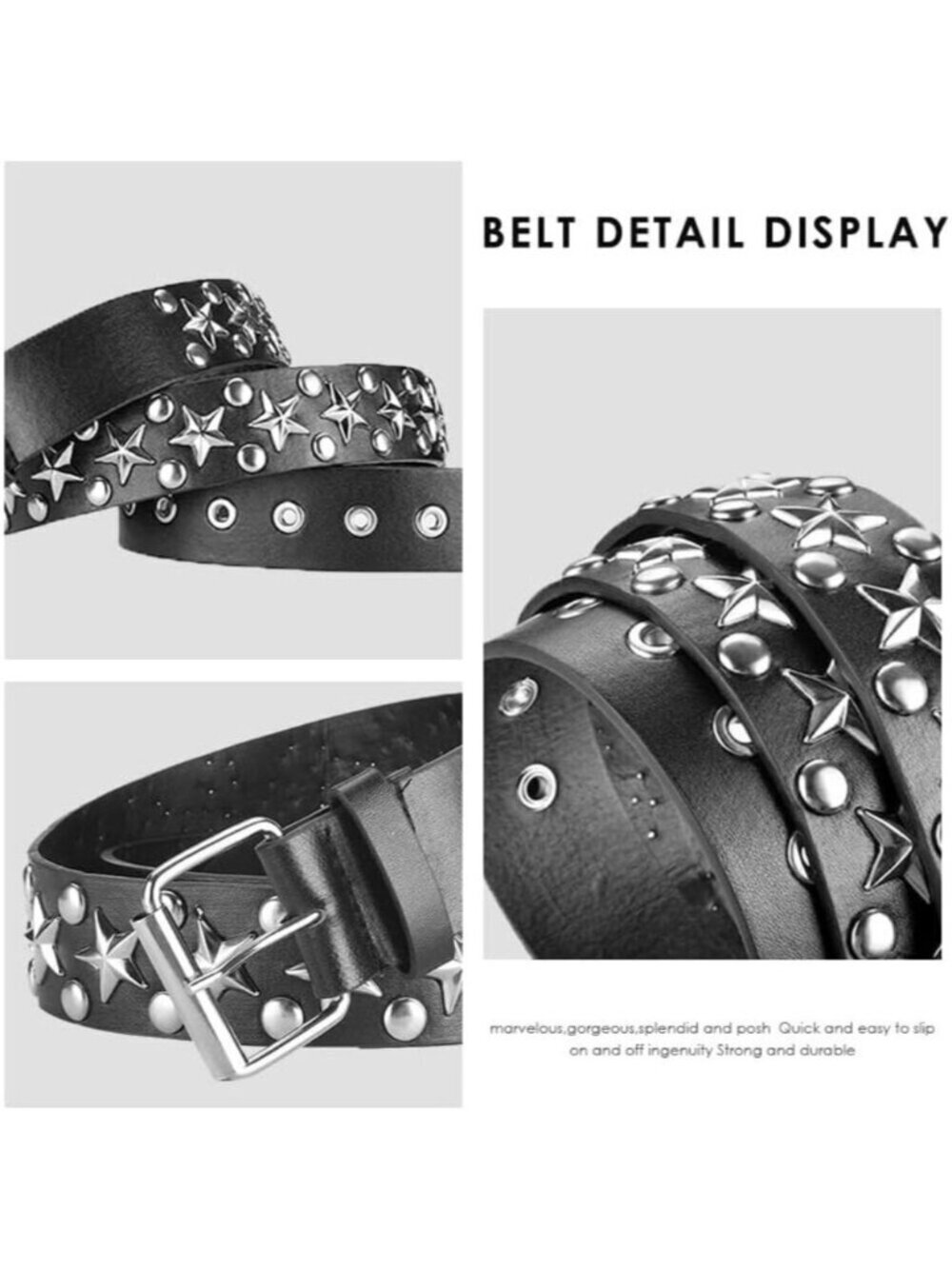 Women's 1 - Black Star Metal Punk Rock Rivet Belt With Bright Pyramid Studded - Picture 3 of 8